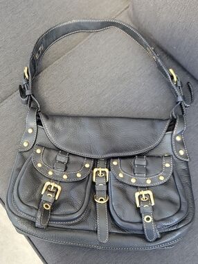 Black Leather Shoulder Bag with Gold-Tone Buckle Detail